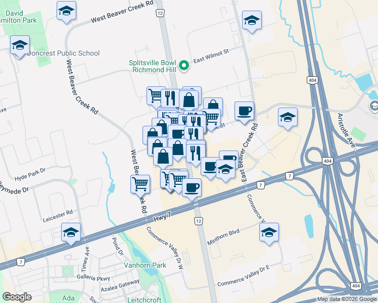 map of restaurants, bars, coffee shops, grocery stores, and more near 9017 Leslie Street in Richmond Hill