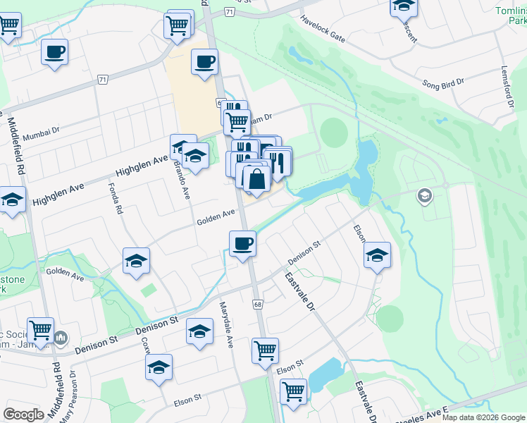 map of restaurants, bars, coffee shops, grocery stores, and more near 101 New Delhi Drive in Markham