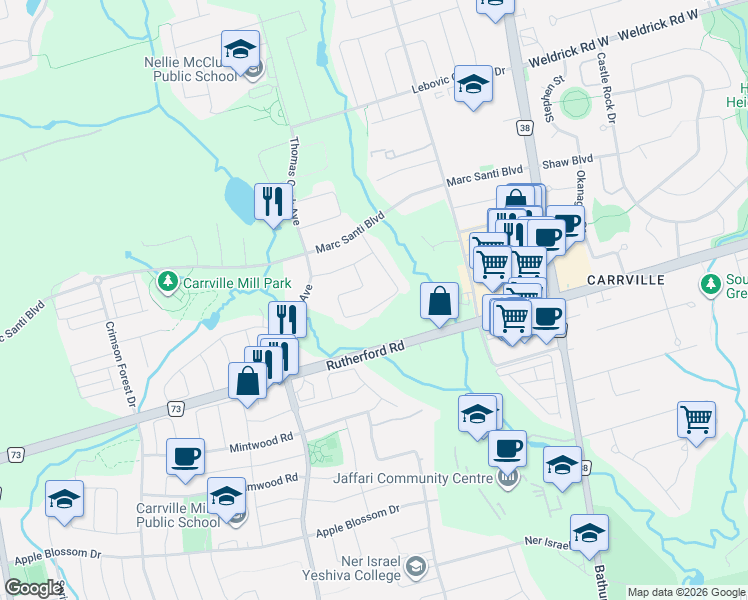 map of restaurants, bars, coffee shops, grocery stores, and more near 110 Cooks Mill Crescent in Vaughan