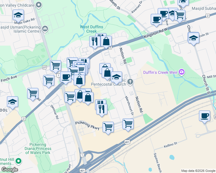 map of restaurants, bars, coffee shops, grocery stores, and more near 1875 Bainbridge Drive in Pickering