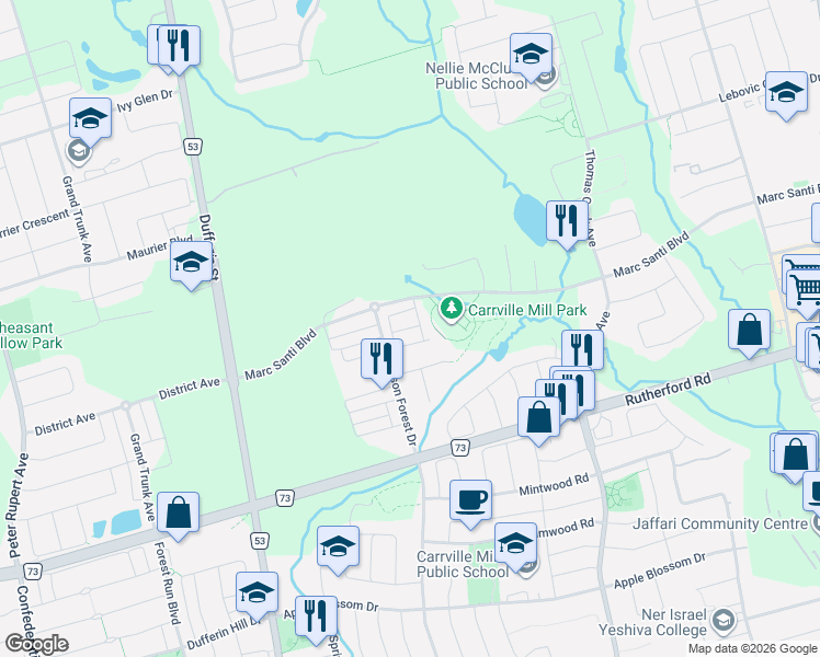 map of restaurants, bars, coffee shops, grocery stores, and more near 18 Origin Way in Vaughan