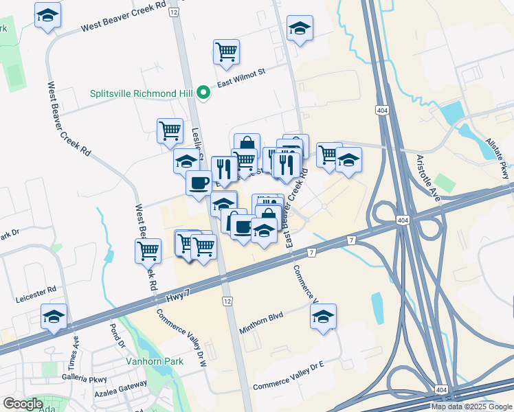 map of restaurants, bars, coffee shops, grocery stores, and more near 9017 Leslie Street in Richmond Hill