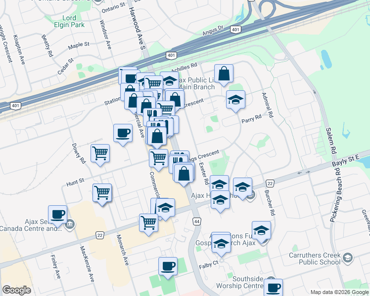 map of restaurants, bars, coffee shops, grocery stores, and more near 60 Exeter Road in Ajax