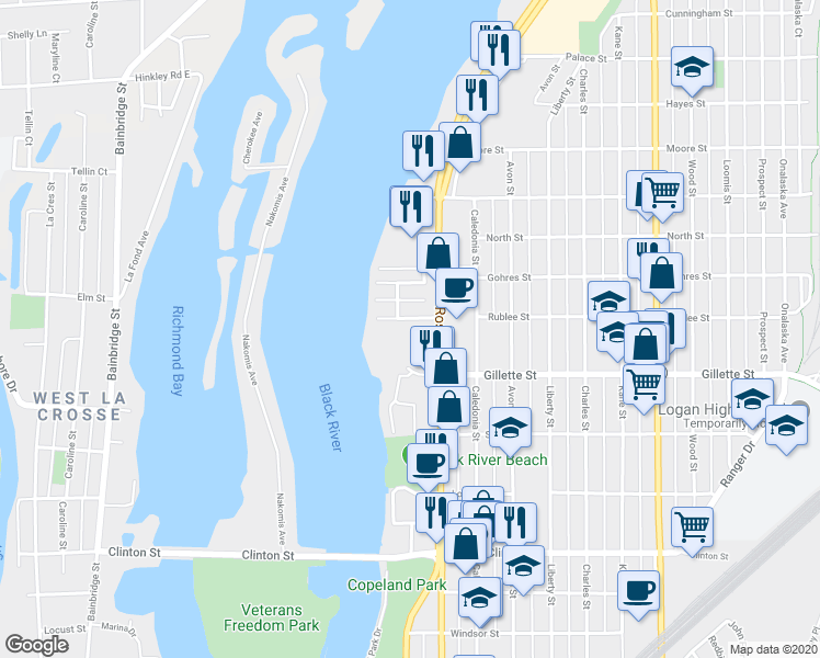 map of restaurants, bars, coffee shops, grocery stores, and more near 550 Rublee Street in La Crosse