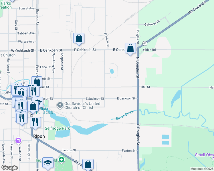 map of restaurants, bars, coffee shops, grocery stores, and more near 317 Stanton Street in Ripon