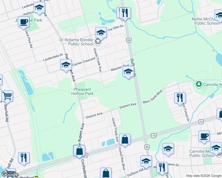 map of restaurants, bars, coffee shops, grocery stores, and more near 35 Rumi Court in Vaughan