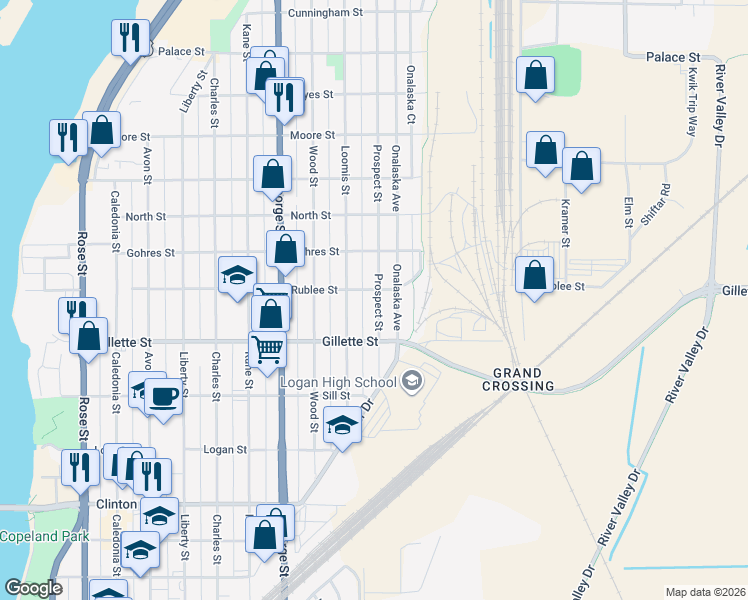 map of restaurants, bars, coffee shops, grocery stores, and more near 1639 Prospect Street in La Crosse