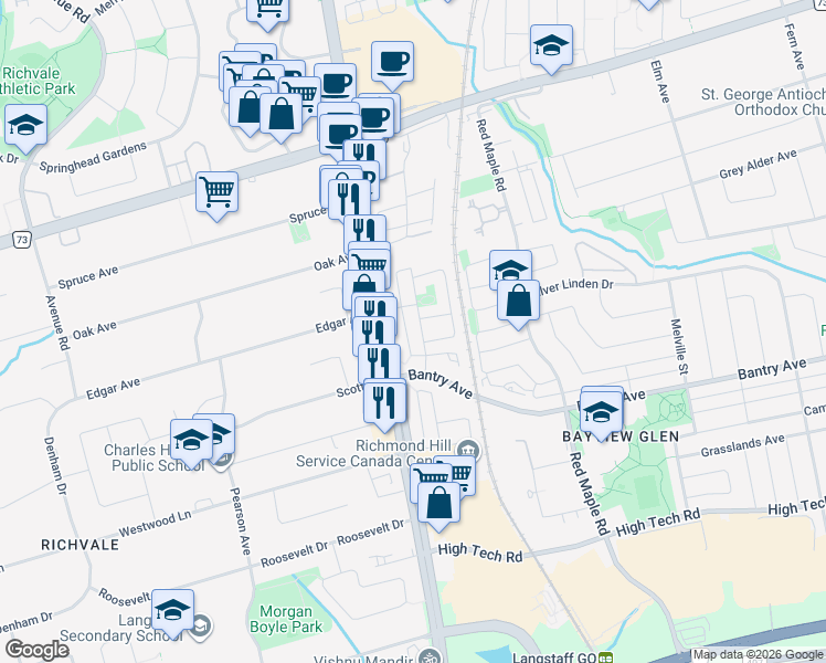 map of restaurants, bars, coffee shops, grocery stores, and more near 32 Ellesmere Street in Richmond Hill