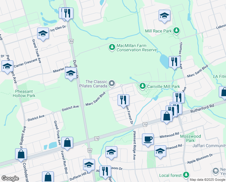 map of restaurants, bars, coffee shops, grocery stores, and more near 597 Marc Santi Boulevard in Vaughan