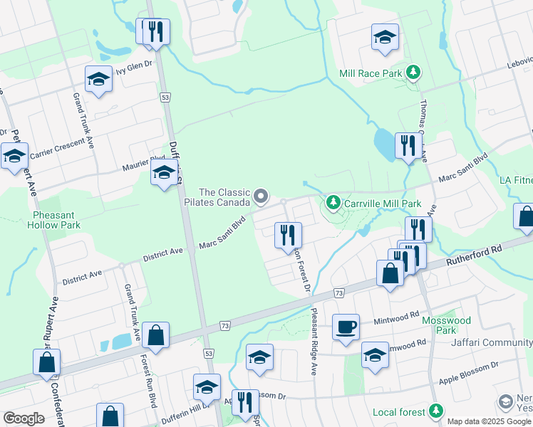 map of restaurants, bars, coffee shops, grocery stores, and more near 593 Marc Santi Boulevard in Vaughan