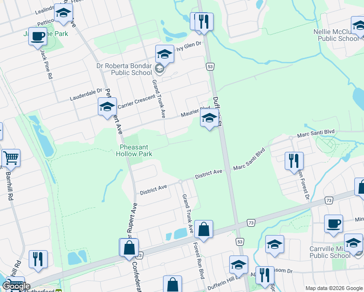 map of restaurants, bars, coffee shops, grocery stores, and more near 41 Rumi Court in Vaughan