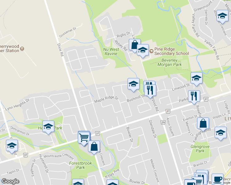 map of restaurants, bars, coffee shops, grocery stores, and more near 1238 Fieldstone Circle in Pickering