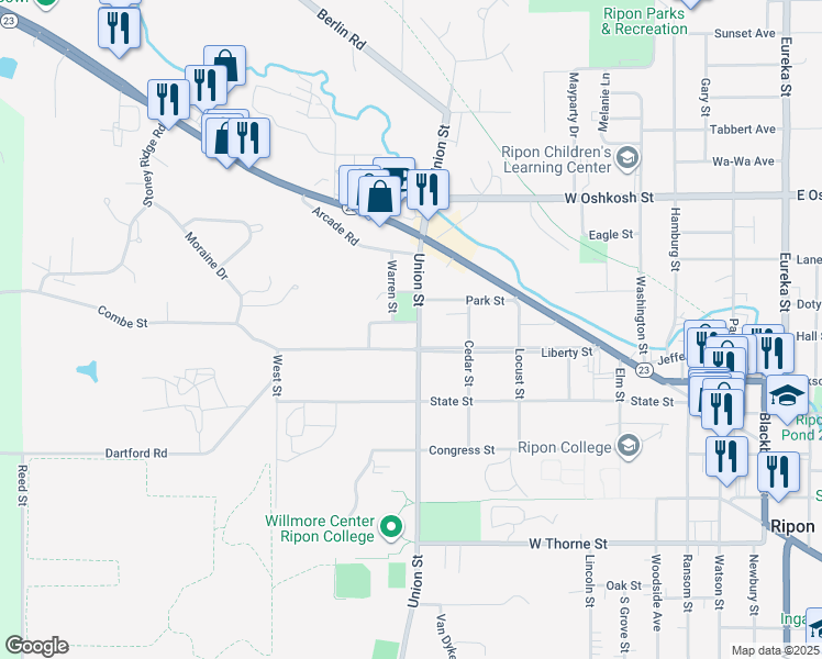 map of restaurants, bars, coffee shops, grocery stores, and more near 60 Union Street in Ripon