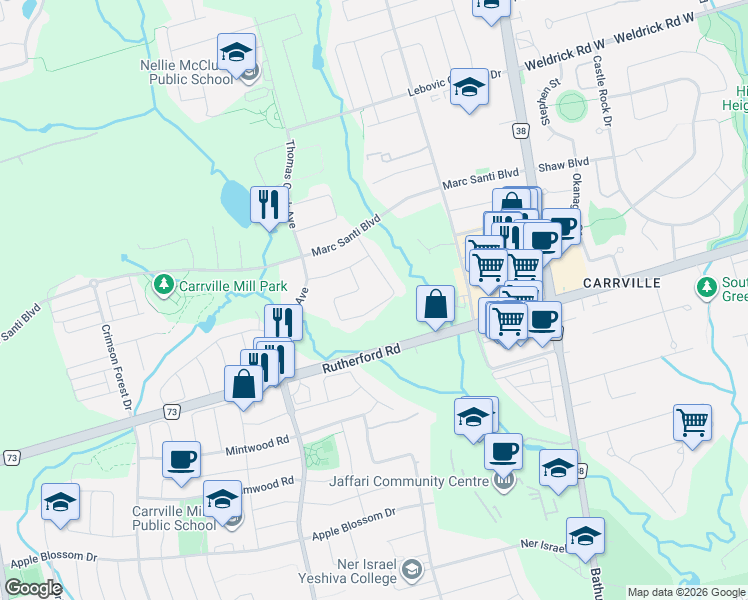 map of restaurants, bars, coffee shops, grocery stores, and more near 102 Cooks Mill Crescent in Vaughan