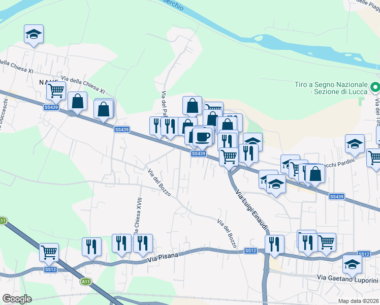 map of restaurants, bars, coffee shops, grocery stores, and more near 10 Via Viaccia in Lucca