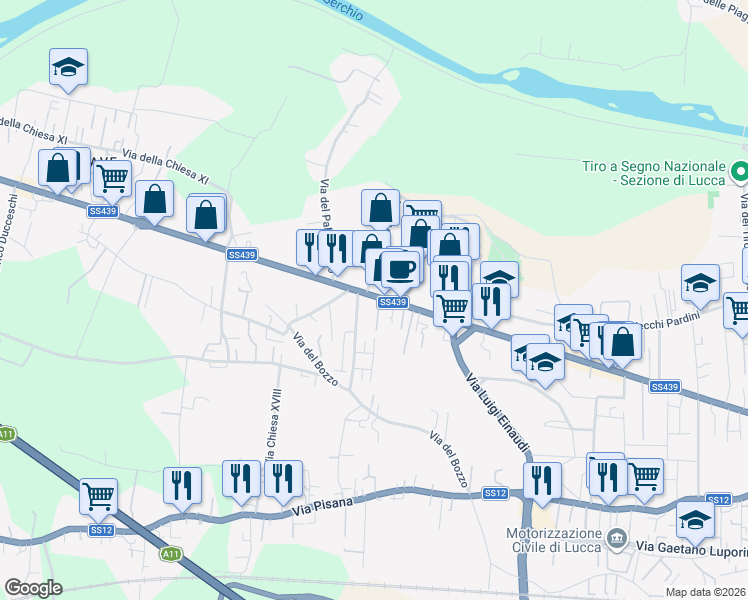 map of restaurants, bars, coffee shops, grocery stores, and more near 10 Via Viaccia in Lucca