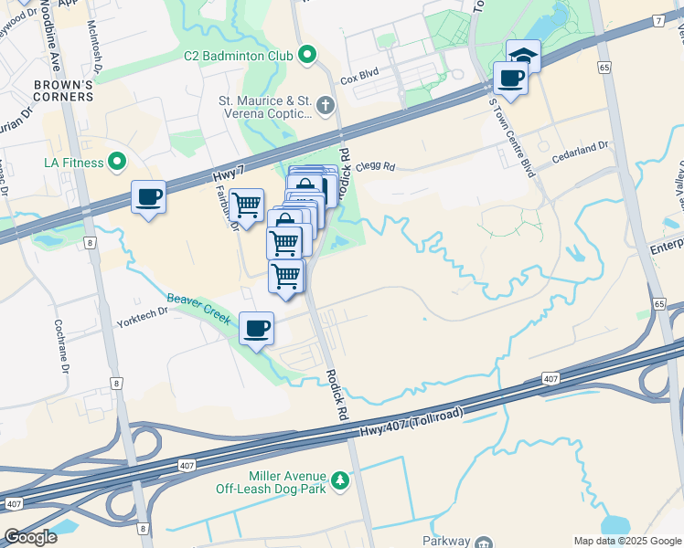 map of restaurants, bars, coffee shops, grocery stores, and more near 350 Yorktech Drive in Markham