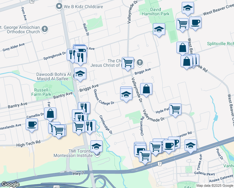 map of restaurants, bars, coffee shops, grocery stores, and more near Lisa Crescent in Richmond Hill