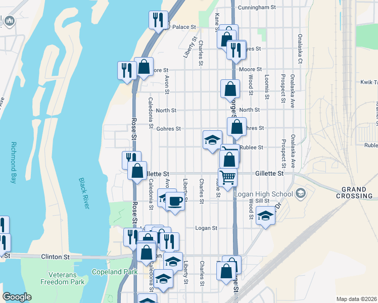 map of restaurants, bars, coffee shops, grocery stores, and more near 1648 Liberty Street in La Crosse