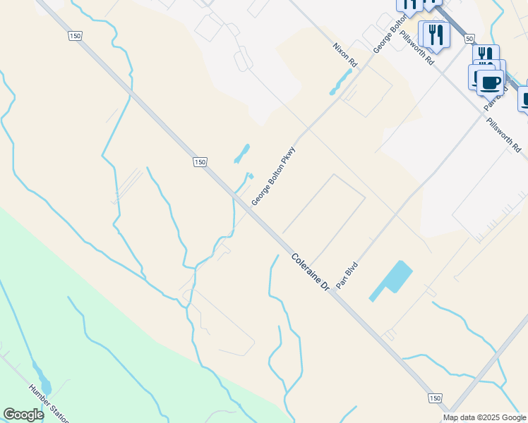 map of restaurants, bars, coffee shops, grocery stores, and more near 12423 Coleraine Drive in Bolton