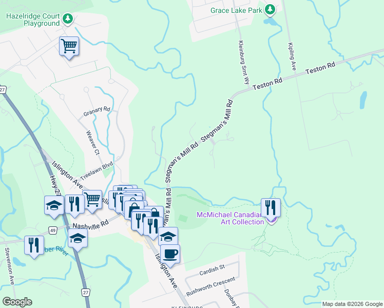 map of restaurants, bars, coffee shops, grocery stores, and more near 165 Stegman's Mill Road in Vaughan