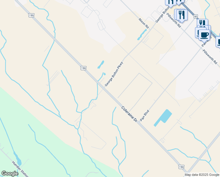 map of restaurants, bars, coffee shops, grocery stores, and more near 12423 Coleraine Drive in Bolton