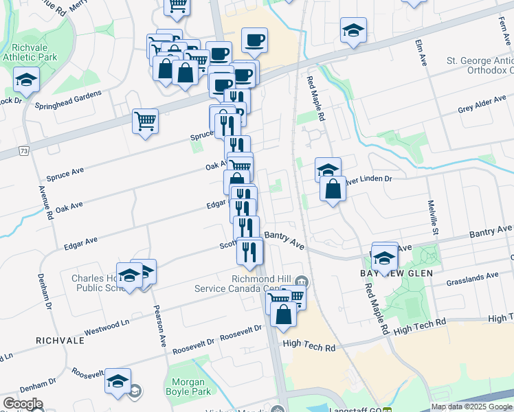 map of restaurants, bars, coffee shops, grocery stores, and more near 9047 Yonge Street in Richmond Hill