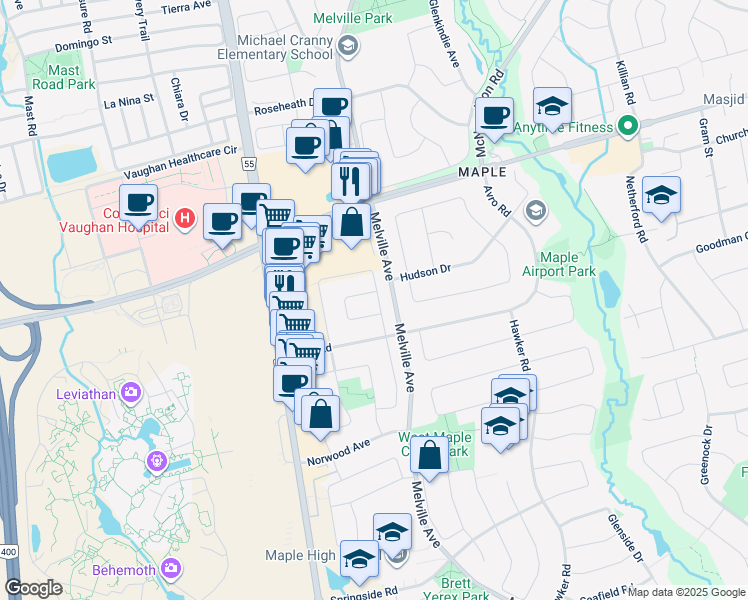 map of restaurants, bars, coffee shops, grocery stores, and more near in Vaughan