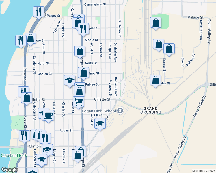 map of restaurants, bars, coffee shops, grocery stores, and more near 1701 Prospect Street in La Crosse