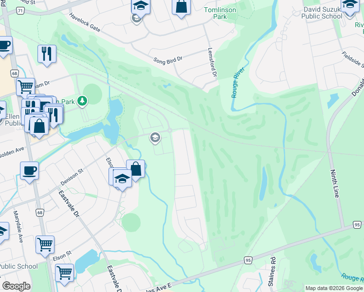 map of restaurants, bars, coffee shops, grocery stores, and more near 70 Mohandas Drive in Markham