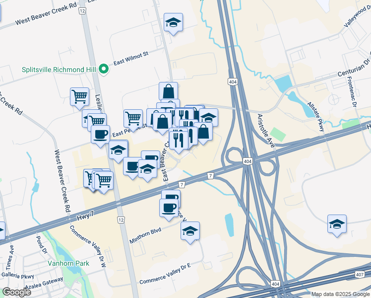 map of restaurants, bars, coffee shops, grocery stores, and more near 140 York Boulevard in Richmond Hill