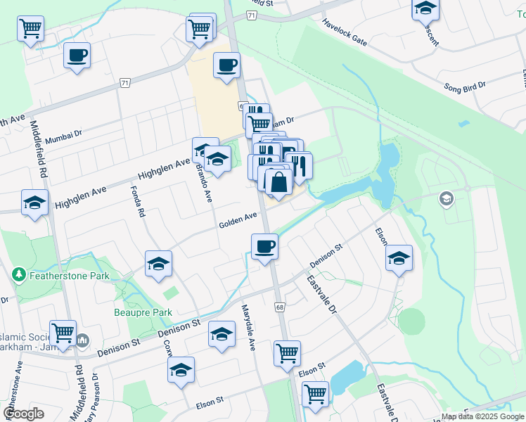 map of restaurants, bars, coffee shops, grocery stores, and more near Markham Road & Golden Avenue in Markham