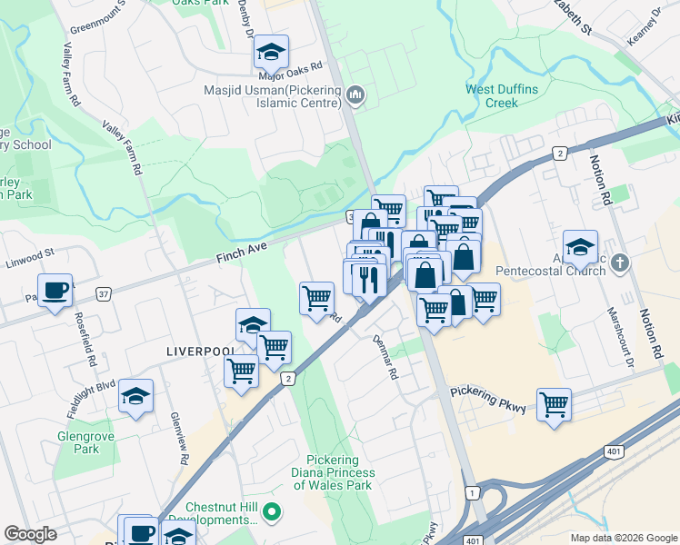 map of restaurants, bars, coffee shops, grocery stores, and more near 1982 Royal Road in Pickering