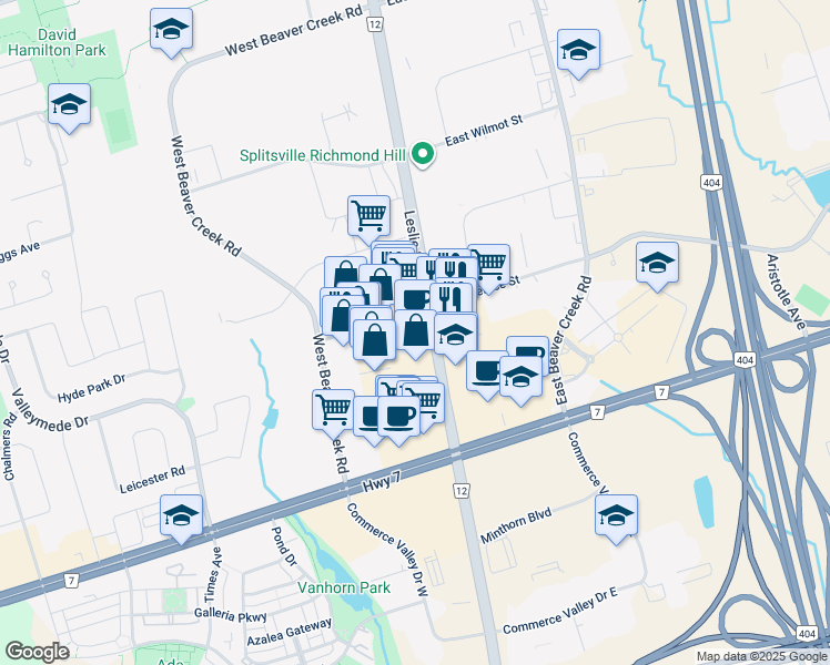 map of restaurants, bars, coffee shops, grocery stores, and more near 1 West Pearce Street in Richmond Hill