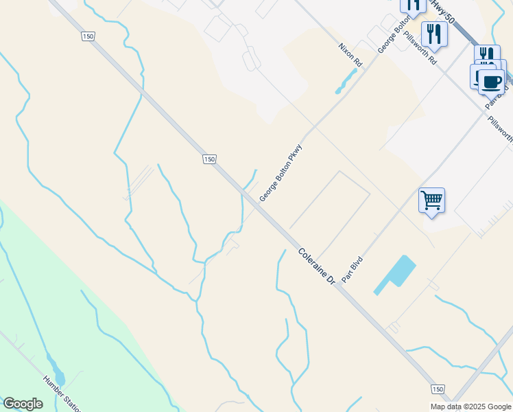 map of restaurants, bars, coffee shops, grocery stores, and more near 12480 Coleraine Drive in Bolton