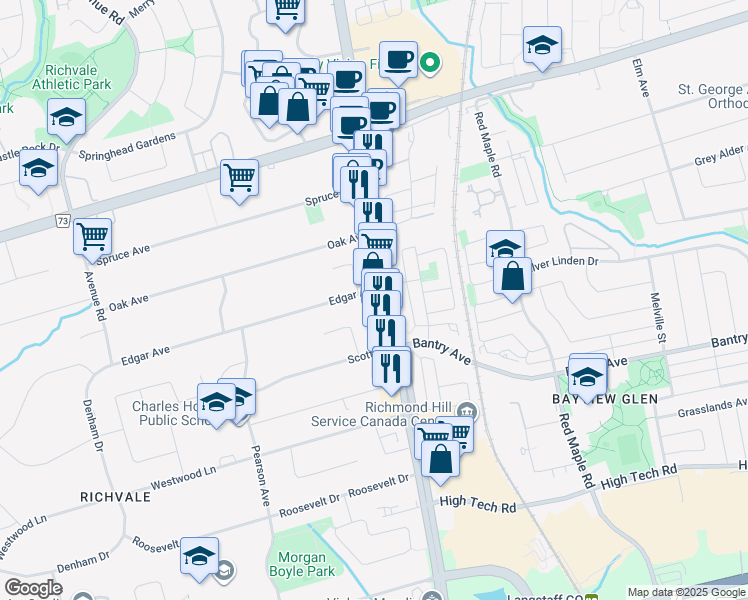map of restaurants, bars, coffee shops, grocery stores, and more near 9050 Yonge Street in Richmond Hill