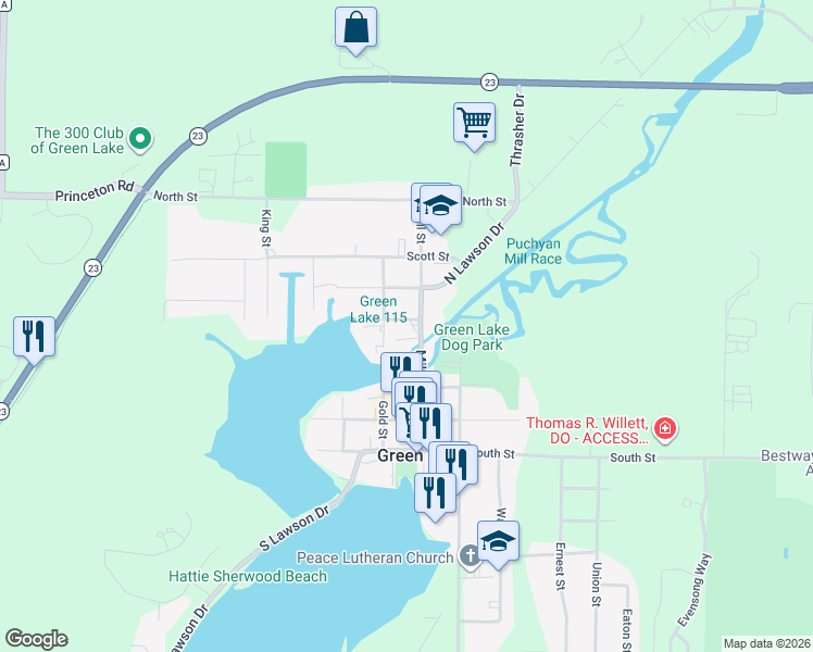 map of restaurants, bars, coffee shops, grocery stores, and more near 565 Mill Street in Green Lake