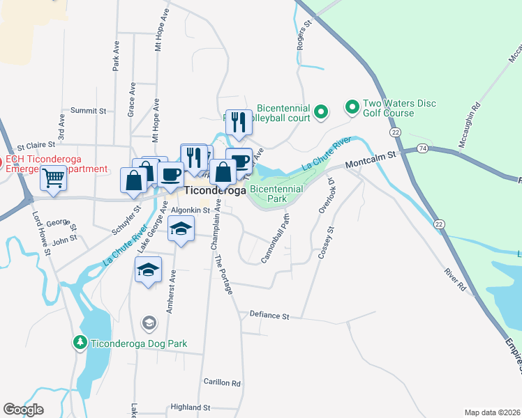 map of restaurants, bars, coffee shops, grocery stores, and more near Montcalm Street in Ticonderoga