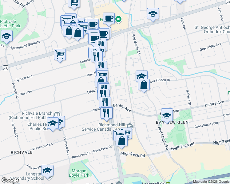 map of restaurants, bars, coffee shops, grocery stores, and more near 36 Ellesmere Street in Richmond Hill