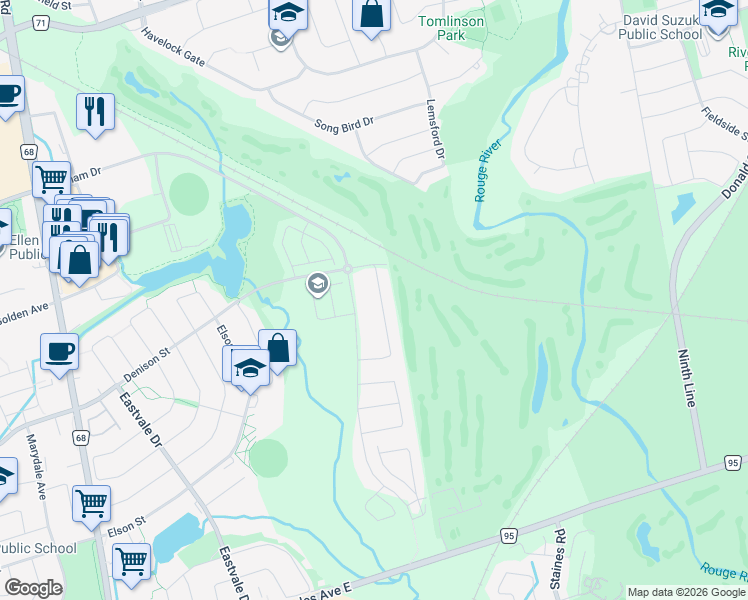 map of restaurants, bars, coffee shops, grocery stores, and more near 72 Mohandas Drive in Markham