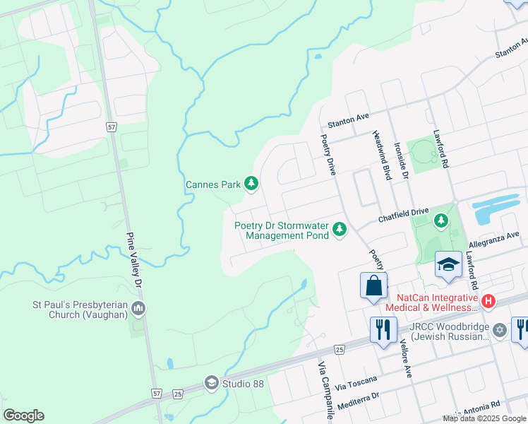 map of restaurants, bars, coffee shops, grocery stores, and more near 50 Cannes Avenue in Vaughan