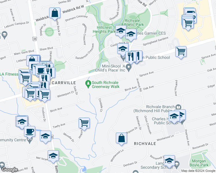 map of restaurants, bars, coffee shops, grocery stores, and more near 48 Birch Avenue in Richmond Hill