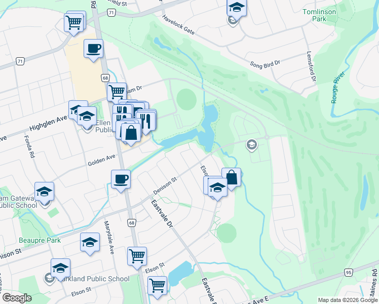 map of restaurants, bars, coffee shops, grocery stores, and more near 43 Ann Louise Crescent in Markham
