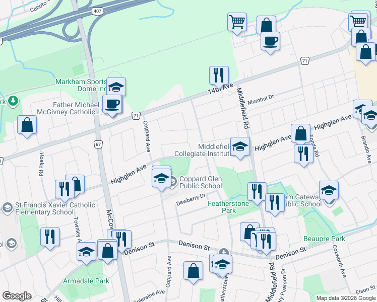 map of restaurants, bars, coffee shops, grocery stores, and more near 370 Highglen Avenue in Markham