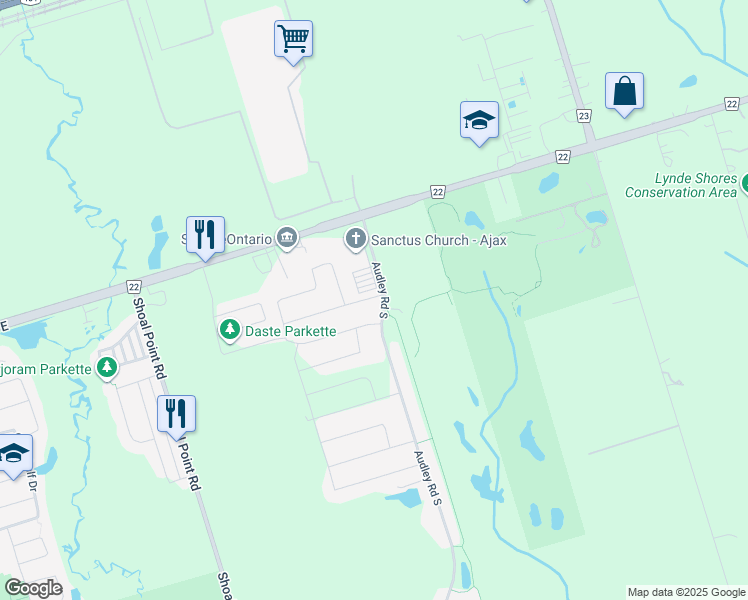 map of restaurants, bars, coffee shops, grocery stores, and more near 3 Keywood Street in Ajax