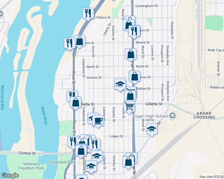 map of restaurants, bars, coffee shops, grocery stores, and more near 1648 Liberty Street in La Crosse