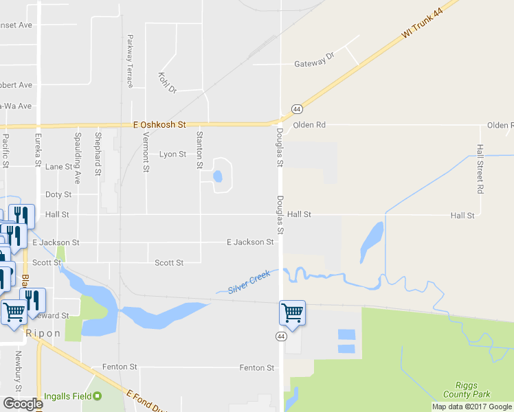 map of restaurants, bars, coffee shops, grocery stores, and more near 664 Hall Street in Ripon