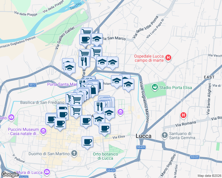 map of restaurants, bars, coffee shops, grocery stores, and more near 77 Via Michele Rosi in Lucca