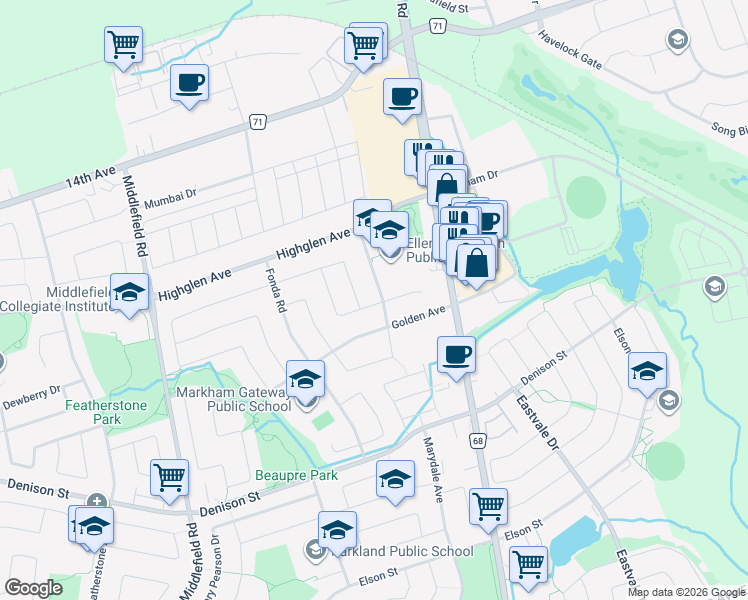 map of restaurants, bars, coffee shops, grocery stores, and more near 10 Brando Avenue in Markham