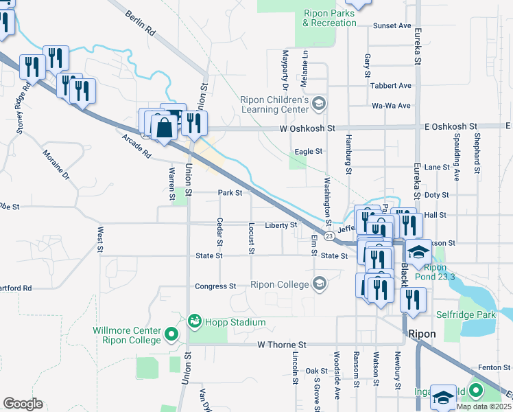 map of restaurants, bars, coffee shops, grocery stores, and more near 55 Locust St in Ripon